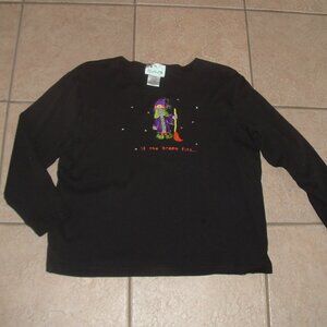 QUACKER FACTORY Black Sz Large Embroidered Halloween 'If the Broom Fits' Shirt